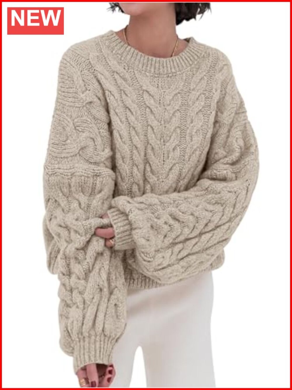 PRETTYGARDEN Cable Knit Oversized Sweater Loose Pullover Crewneck Chunky